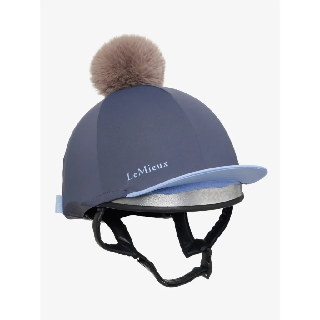 LeMieux Esme Pom Pom Hat Silk – Stylish Stretch Helmet Cover in Corn & Dusk Blue